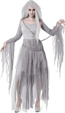 Women Haunting Beauty Dress Ghost Costume with Plastic Chain, Hooded Cape