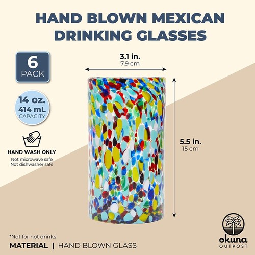 Paquete de 6 cristalería mexicana soplada a mano de 14 oz, vasos de roca confeti, bebidas para servir - Imagen 4 de 10