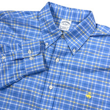 Brooks Brothers Oxford Shirt Men Large Blue Yellow Plaid Button Up OCBD Dress B