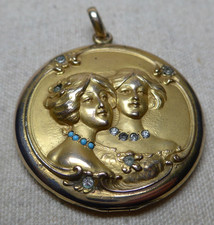 Antique Art Nouveau Yellow Gold Filled Locket Paste Stones Signed W & S B