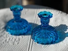 Vintage MCM Fenton Thumbprint Colonial Blue Candle Holders Set of 2 EUC