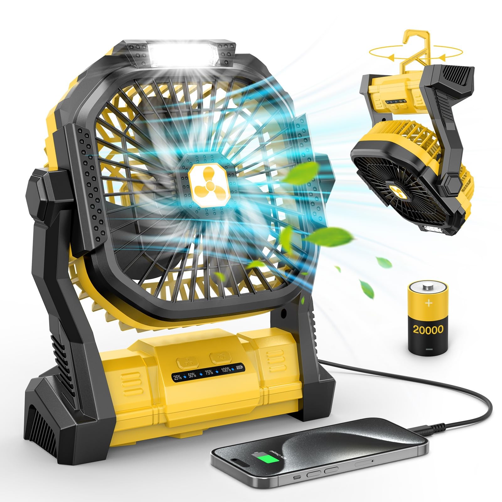 Portable Fan Rechargeable, 20000mah Cordless Battery Powered Fan with LED Lanter