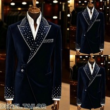 Navy Blue Velvet Men Suit Rhinestone Lapel Jacket Wedding Party Prom Formal