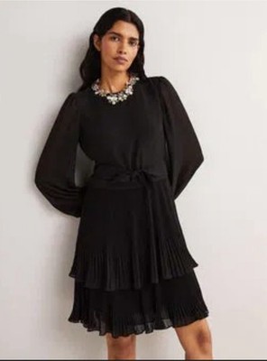 NWT BODEN Plisse Mini Dress Black Pleated Fit & Flare Belted Sheer Sleeve  14 US | eBay