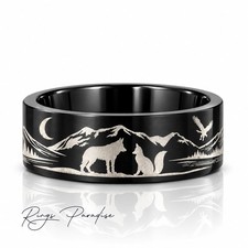 Wolf and Fox Tungsten Ring | Black Engraved Wedding Band 8mm