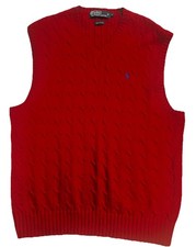 VTG Polo Ralph Lauren Mens Large Cable Knit Sweater Vest Red 100 Cotton Pony