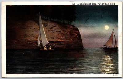Put-In-Bay Ohio OH, 1935 Moonlight Sail, Nighttime Scene Two Sailboats, Postcard
