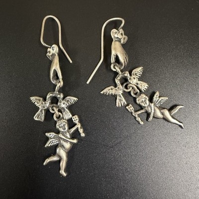 Adorable! Wanda Lobito Sterling Dangle Earrings With Hand, Birds And Angels!