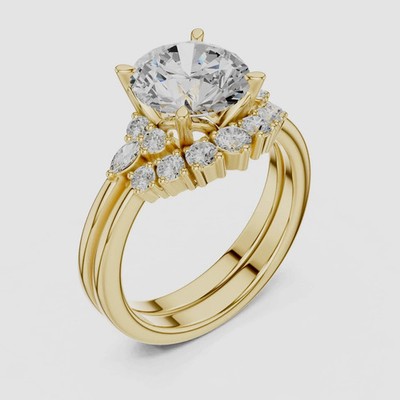 Certified Cut Moissanite 14K Yellow Gold Plated Set 2.Ct PASS TESTER Bridal Ring