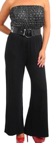 Black Sequin Pucker Tube Wide Leg Palazzo Romper/Jumper/Jump Suit Plus w/Belt