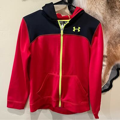 Under Armour Youth Large Full Zip Hooded Jacked Red Neon Yellow School Outdoors