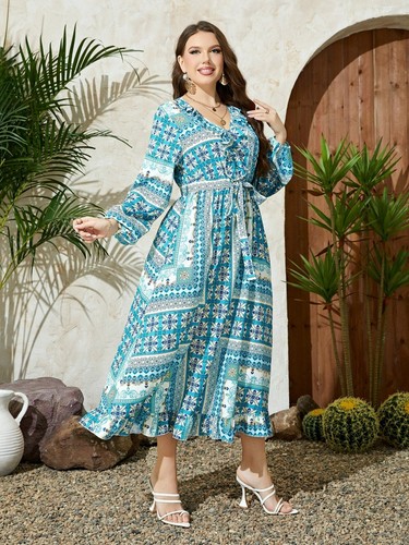 Shein Plus Mediterranean Ruffle Neckline Maxi Dress Belted A-Line Modest |  eBay