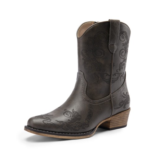 Women Western Cowboy Cowgirl Square Toe Low Chunky Heel Zip Up Ankle Boots - Picture 21 of 32