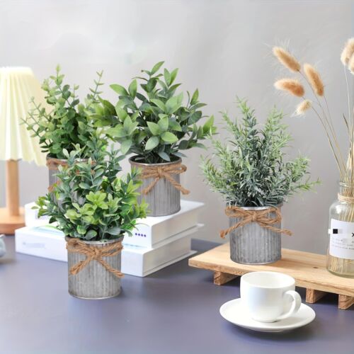 Small Artificial Plants Set of 4 Fake Potted Plant with Iron Pot Mini Greener... - Picture 5 of 6