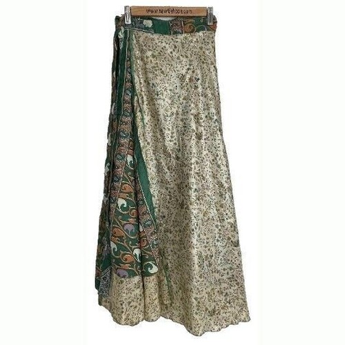 Sari Wrap Long Skirt Reversible 38"L 50"W Green Cream Two sides - Picture 2 of 4