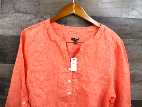 Talbots Linen Top Womens XL Coral Orange Roll Tab Tunic Popover Shirt Boho NEW