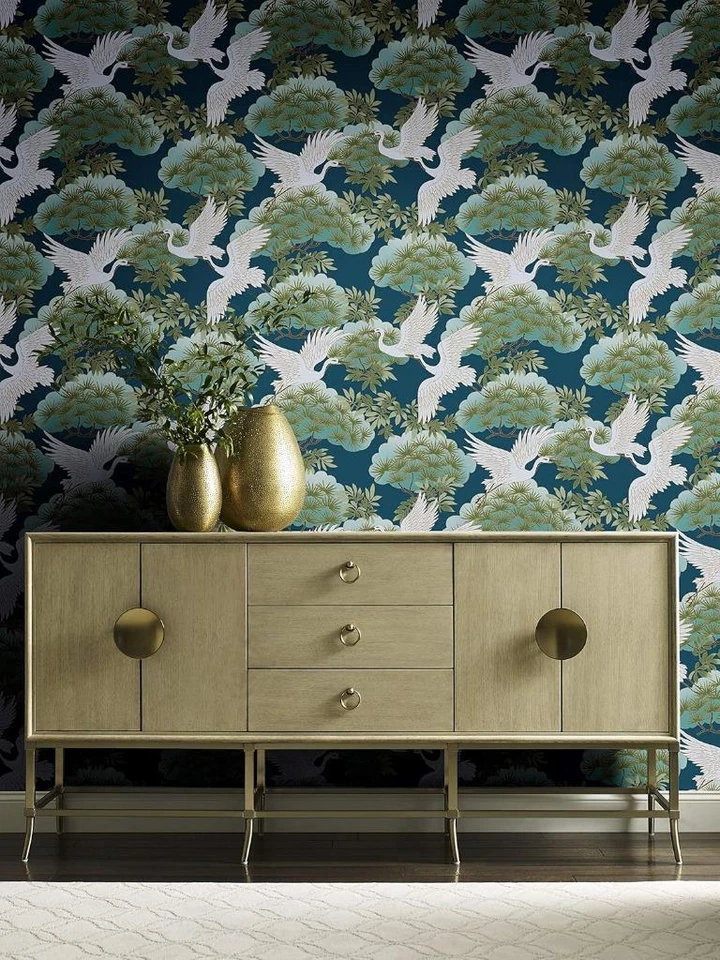 Wallpaper Sprig & Heron Dark Blue Green Brown Gold White , 60 sq ft Bolt - Image 2 of 3