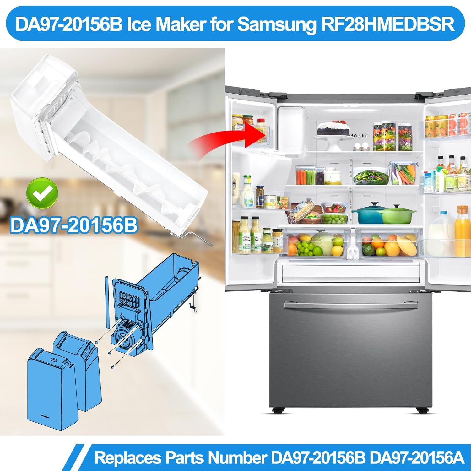 New DA9720156B/A Refrigerator Ice Bucket For Samsung RF28HMEDBSR/AA