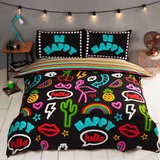 Image of BE HAPPY NEON DOUBLE DUVET COVER AND PILLOWCASE SET TEENAGER BEDDING RAPPORT NEW