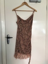Pretty Little Thing Nude Abstract Line Print Ruched Bodycon Dress 8 BNWT
