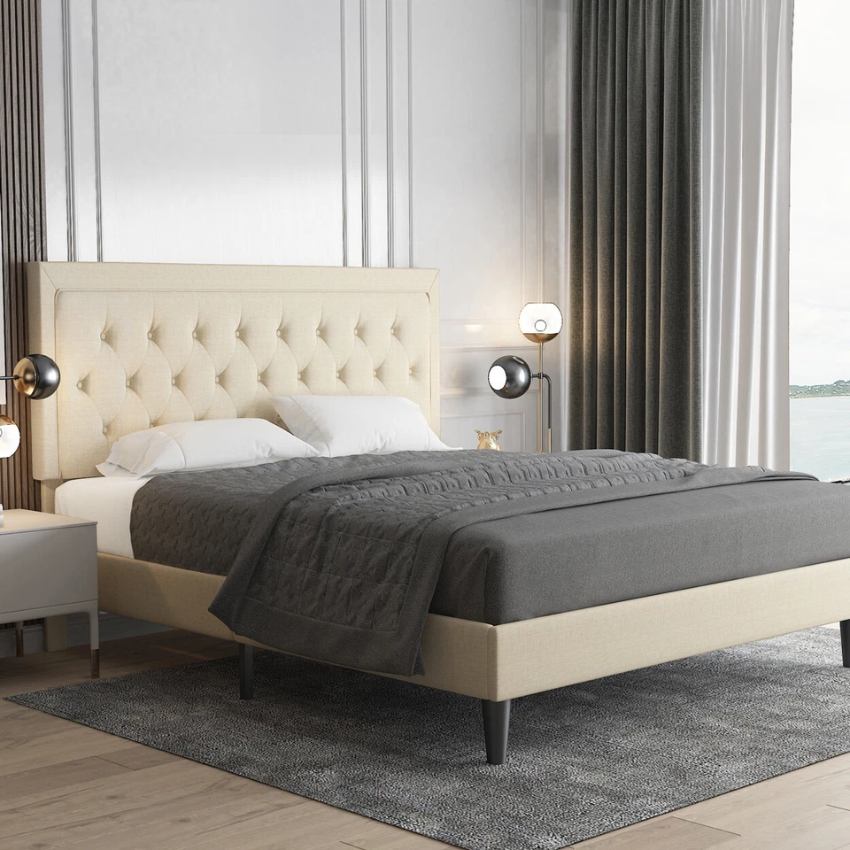 Sifurni Upholstered Queen Platform Bed Frame with Button Tufted Headboard, Beige - Image 2 of 4
