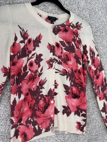 Talbots Cardigan Sweater Womens pink purple Floral Pure Cashmere Crew Size XS - Picture 3 of 7