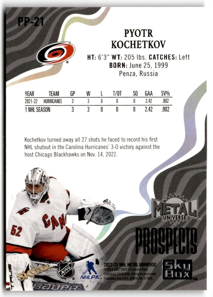 2022-23 Metal Universe Skybox Premium Prospects Pyotr Kochetkov #PP-21 Carolina - Image 2 of 2