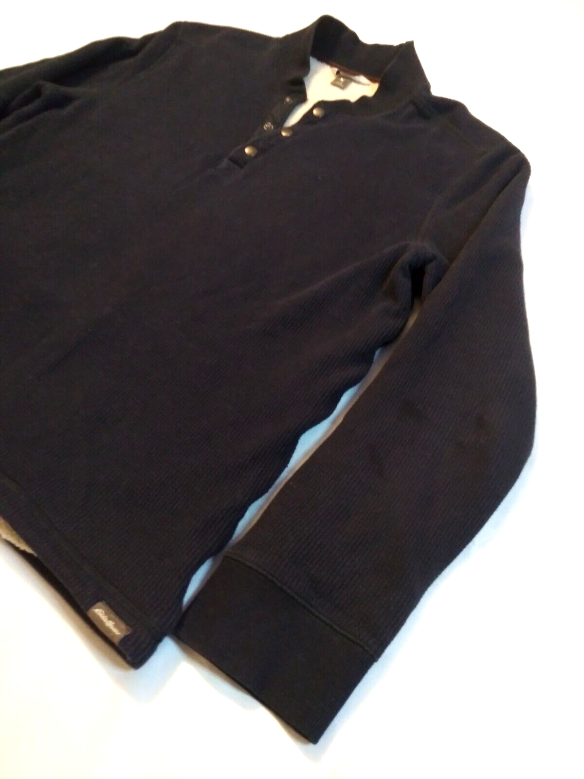 Eddie Bauer Sherpa Lined Henley Shirt Mens Large Navy Thermal Waffle