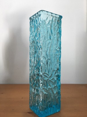 Glass Collectable 1971 Davidson/brama~*luna*~square Textured Bark Vase-kingfisher Blue