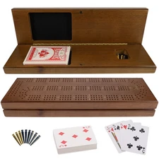 WE Games 3 Track Cribbage Board Game Set with Storage, Walnut Stained Wood