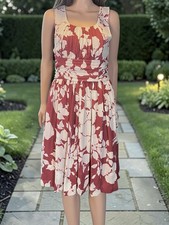 Talbots Dress 6 Pink White Floral Sleeveless Ruched Waist Lined Midi