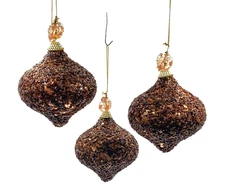 Vintage Glittered Beaded Copper and Brown Christmas Ornaments, Set of 3