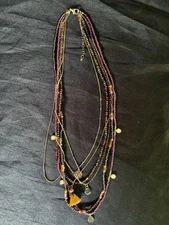 Vintage Gold Tone Bohemian Beaded Charm Dangle Coin Statement Necklace 24”