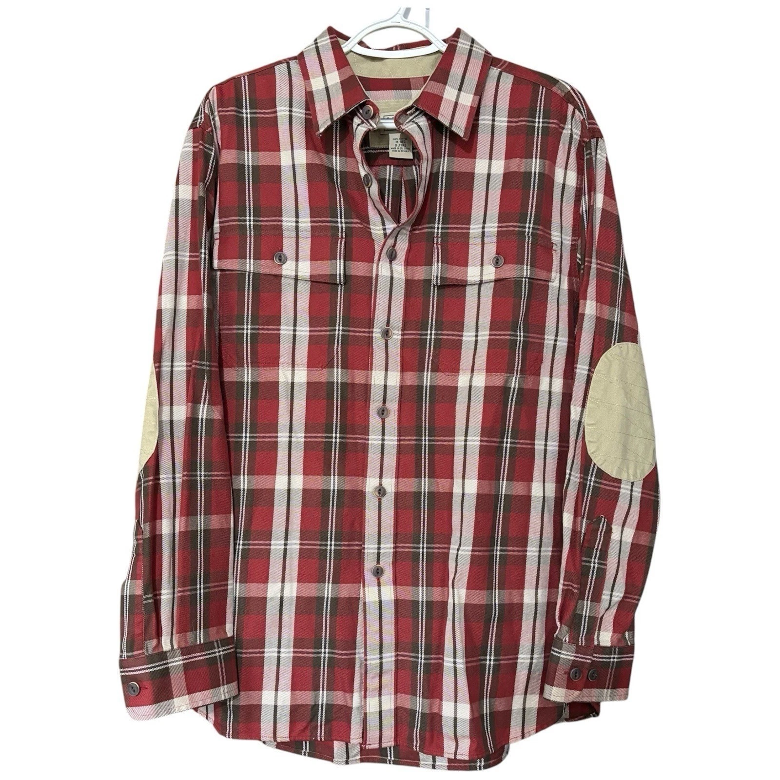 L.L. Bean Flannel Button Down Shirt Elbow Patches Plaid Medium Fall Outdoors