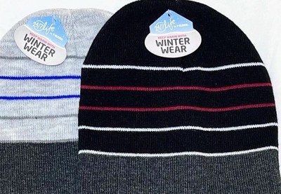 Horizontal Striped Beanie Unisex Knit Skull Cap Winter Warm (2 PACK)