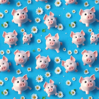 100% Baumwolle 3D Digitaldruck Stoff Schweinchen Blumen Gänseblümchen süß 140cm breit