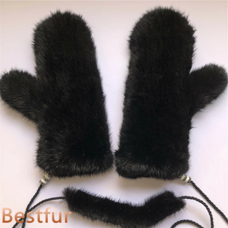 Women's Double Side Real Mink Fur Gloves Warm Knitted Elastic Mittens W String - Image 3 of 4