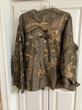 Gorgeous Gold Citron Large XL Embroidered Linen Blend Jacket Bird Embroidery