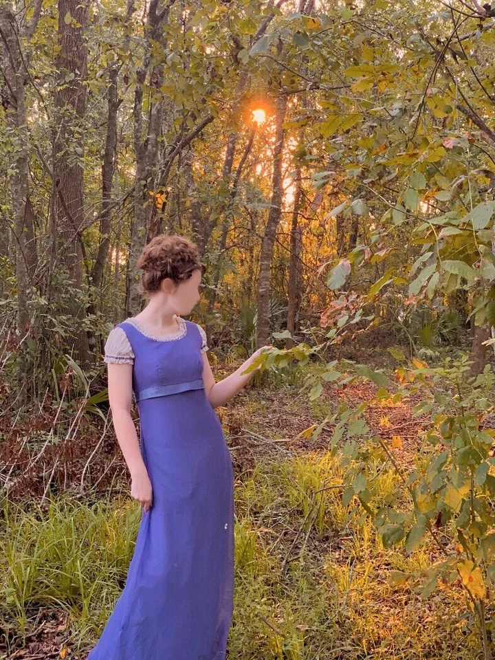 Vintage 90s Y2K Periwinkle Blue Regency Gown Dress Blue Ribbon Empire Waist - Image 3 of 4