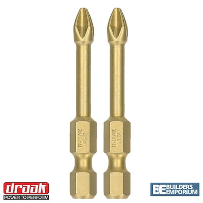 PH2 50mm x 2 TITANIUM Impact Bits DRAAK Premium Quality