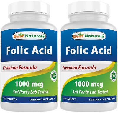 2 Pack Best Naturals Folic Acid 1000 mcg (Vitamin B9), 240 Tablets