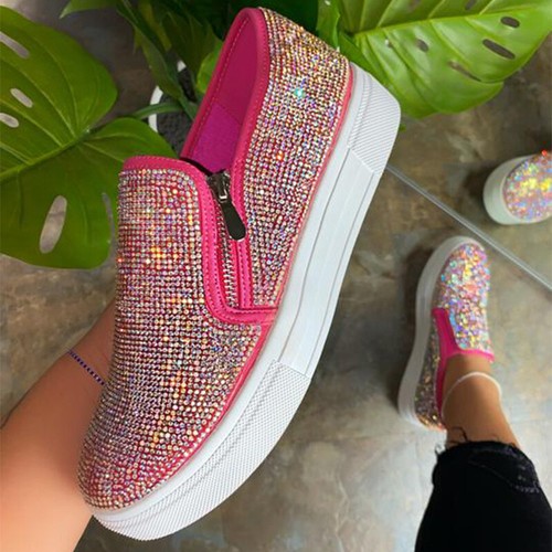 Womens Zip Rhinestone Thick Bottom Slip On Flat Platform Casual Sneakers  Shoes | eBay