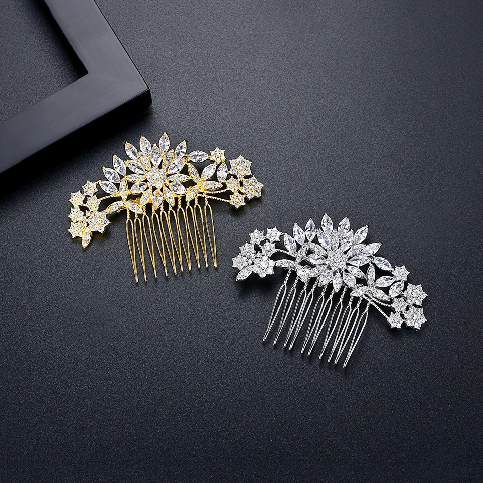 Horquilla para mujer chapada en oro con flores simples de banquete de moda de circón blanco Foto 2 de 4