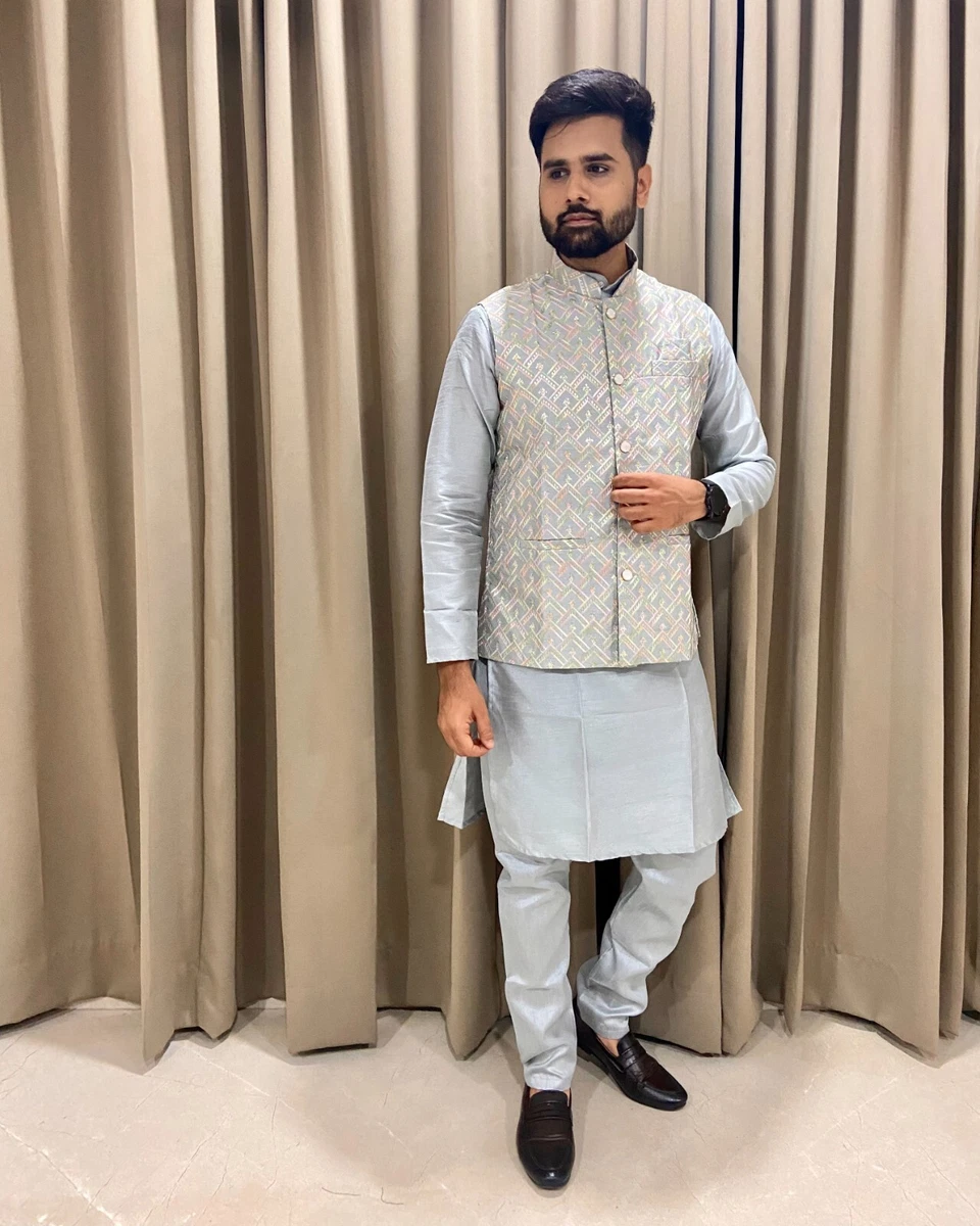 Elegant Jodhpuri Grey Nehru Modi Jacket with Kurta Pajama Set