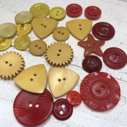 Antq Bakelite Carved Buttons Butterscotch Art Deco Cherry Red Vtg Geo Star Lot