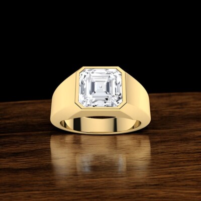 14K Yellow Gold Band Mens Diamond Ring Ct Asscher Cut IGI