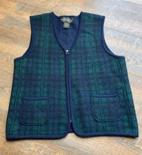 Vintage Womens Petite Medium Wool Vest Green Blue Plaid Zip Top