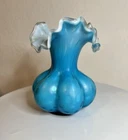 FENTON BLOWN GLASS 5" BLUE MELON POLKA DOT VASE