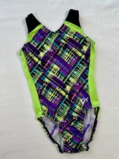 GK ELITE Leotard GYMNASTICS Black  BOLD NEON Sporty BODYSUIT Tank LEO Mesh AS