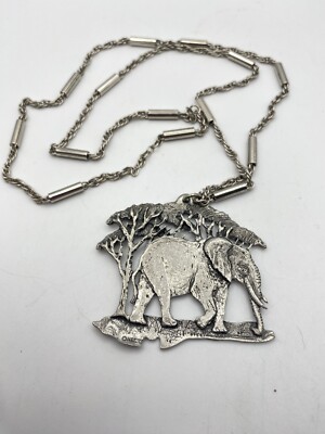 Elephant Pendant Necklace Silver Tone Metze Signed Vintage
